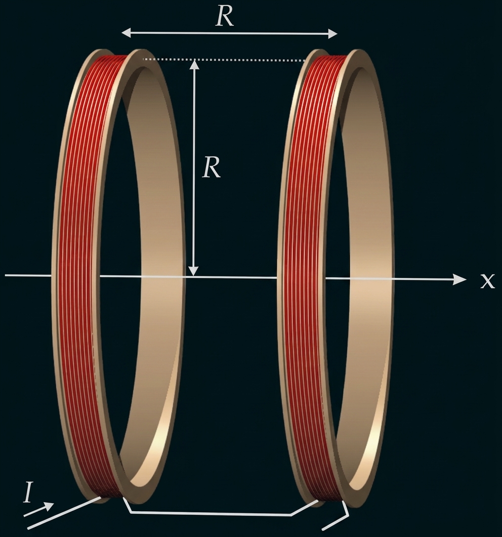 Zwei ringförmige Spulen mit roten Wicklungen auf einer Achse, Abstand R und Stromrichtung markiert.